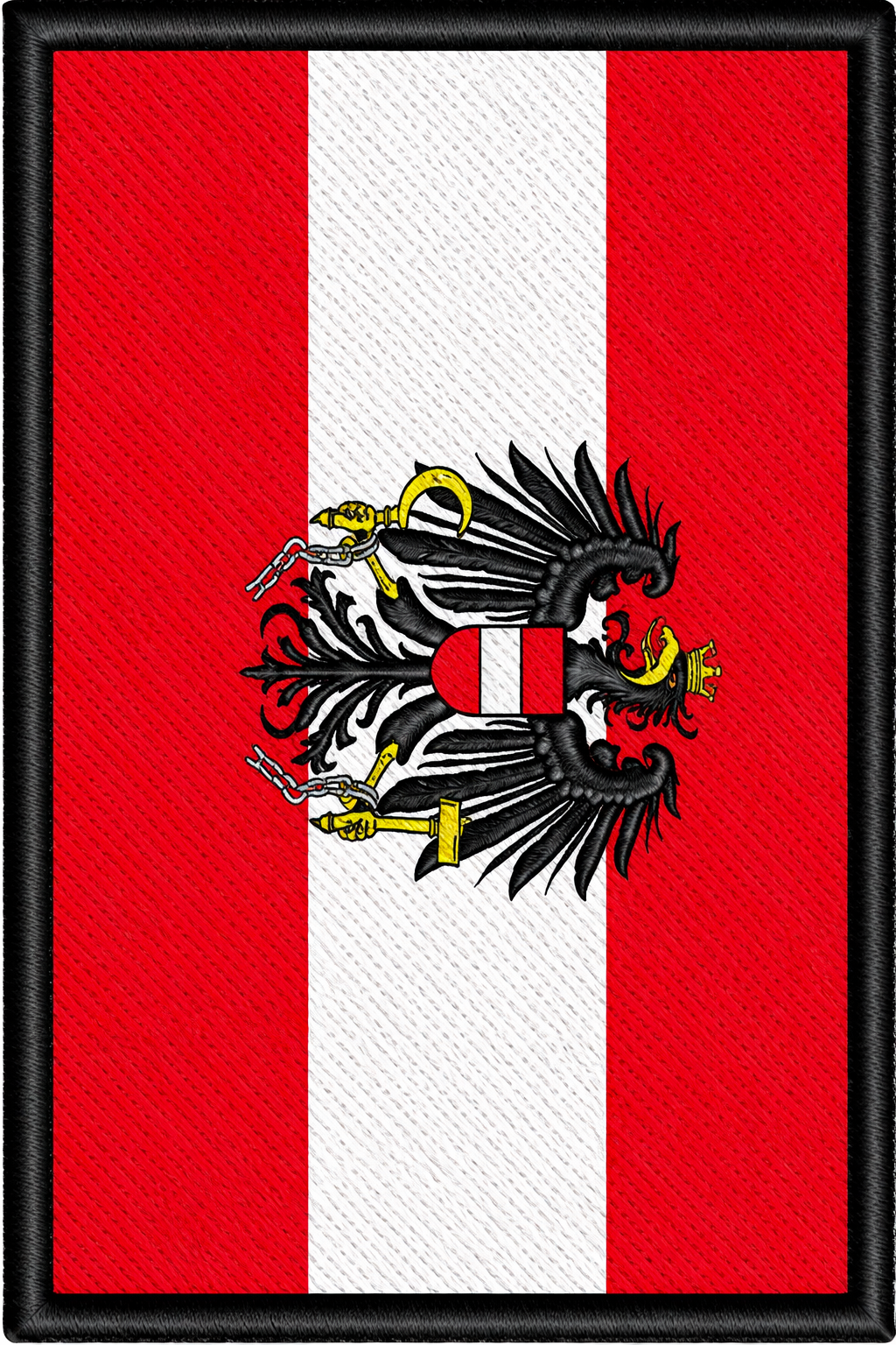Embroidered patch of the Flag of Austria with a single-headed eagle emblem on a red and white background