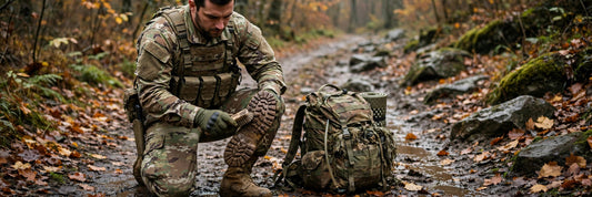 A soldier in OCP uniform brushing mud from his boot tread beside his ruck on a wet autumn trail