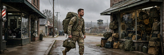A soldier with a full rucksack making everyday stops count in a town outside base