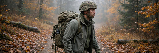 A soldier in layered cold-weather gear rucking an autumn trail