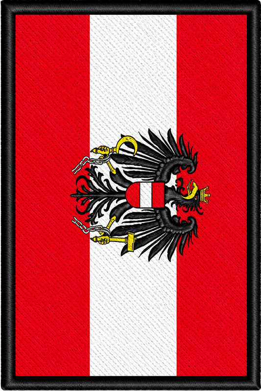 Embroidered patch of the Flag of Austria with a single-headed eagle emblem on a red and white background